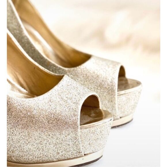 Womens Speed Limit 98 Gold Shimmer Glitter Open Toe Pumps Heels  - Sz 8 - Picture 5 of 5
